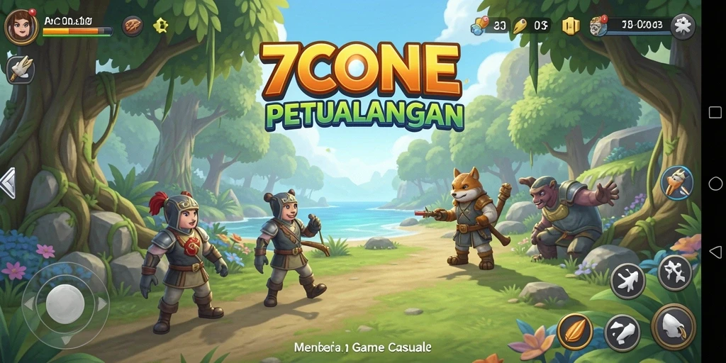 Screenshot utama gameplay 7CONE menampilkan karakter berwarna-warni dan tantangan seru.