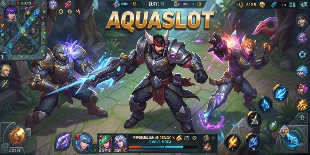 Tampilan seru gameplay AQUASLOT MOBA dengan karakter bertarung.