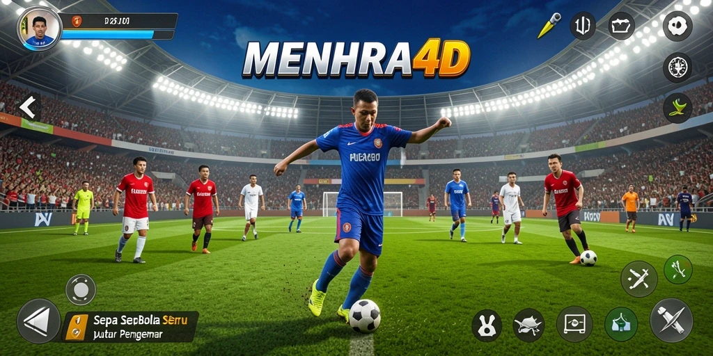 Tangkapan layar utama MENARA4D menampilkan aksi seru di lapangan sepak bola.
