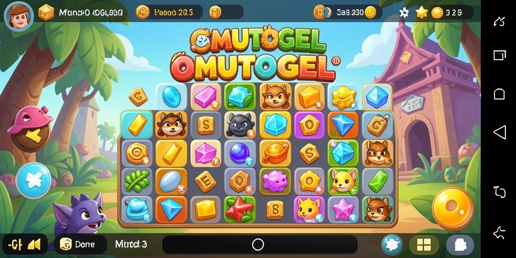 Tangkapan layar gameplay OMUTOGEL menampilkan aksi Match-3 yang seru dan penuh warna.